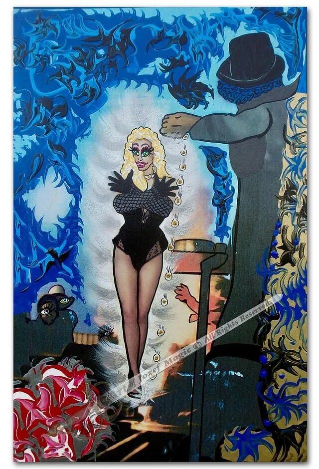 Drakulienka Vampire original painting 1 Drakulienka Vampire's original painting is artwork vibrating in mystic blues, money bags, gold and a sultry lady vampire. Intense and unique art decor.